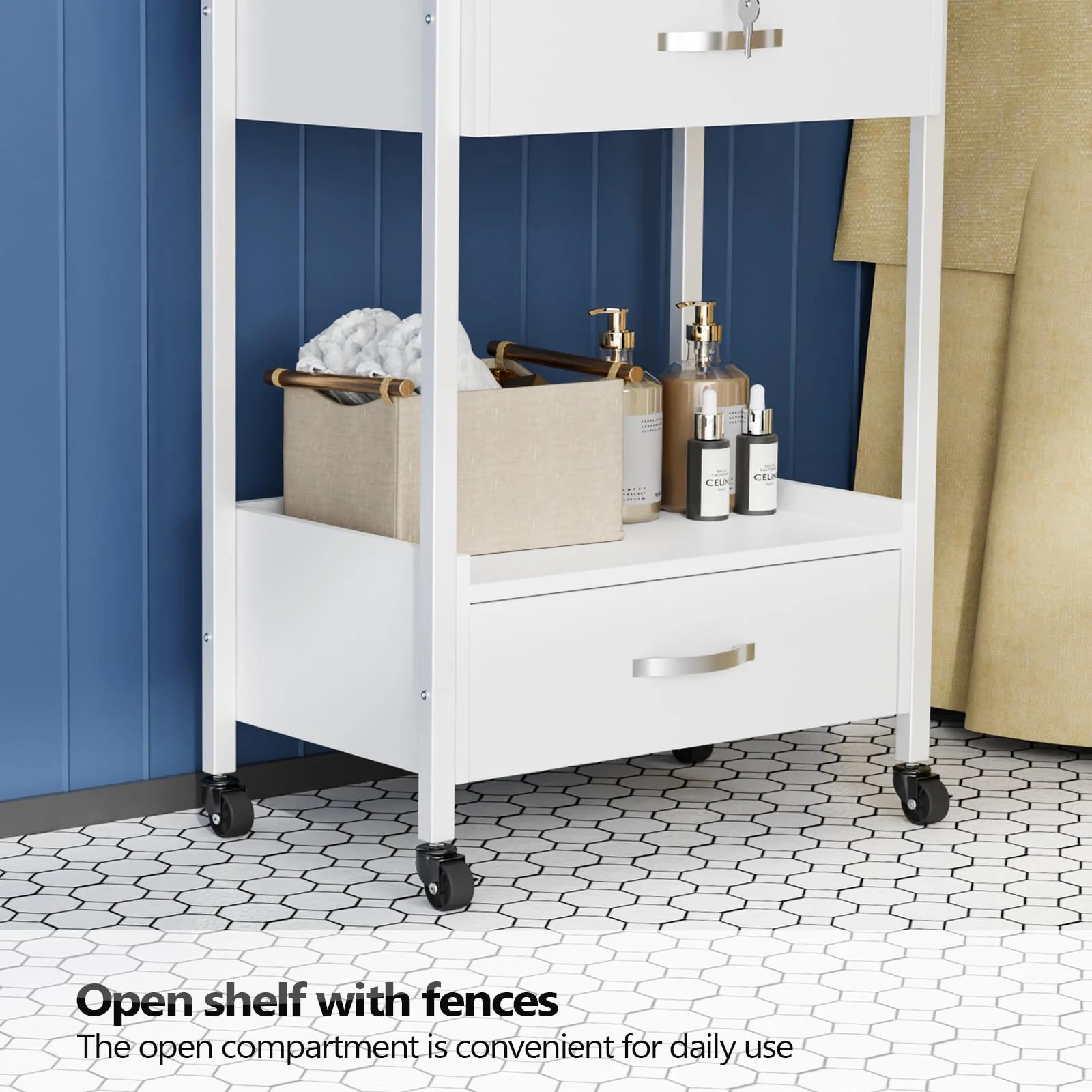 OmySalon Wooden Rolling Utility Esthetician Trolley Cart w/Wheels & Drawer - Image 42