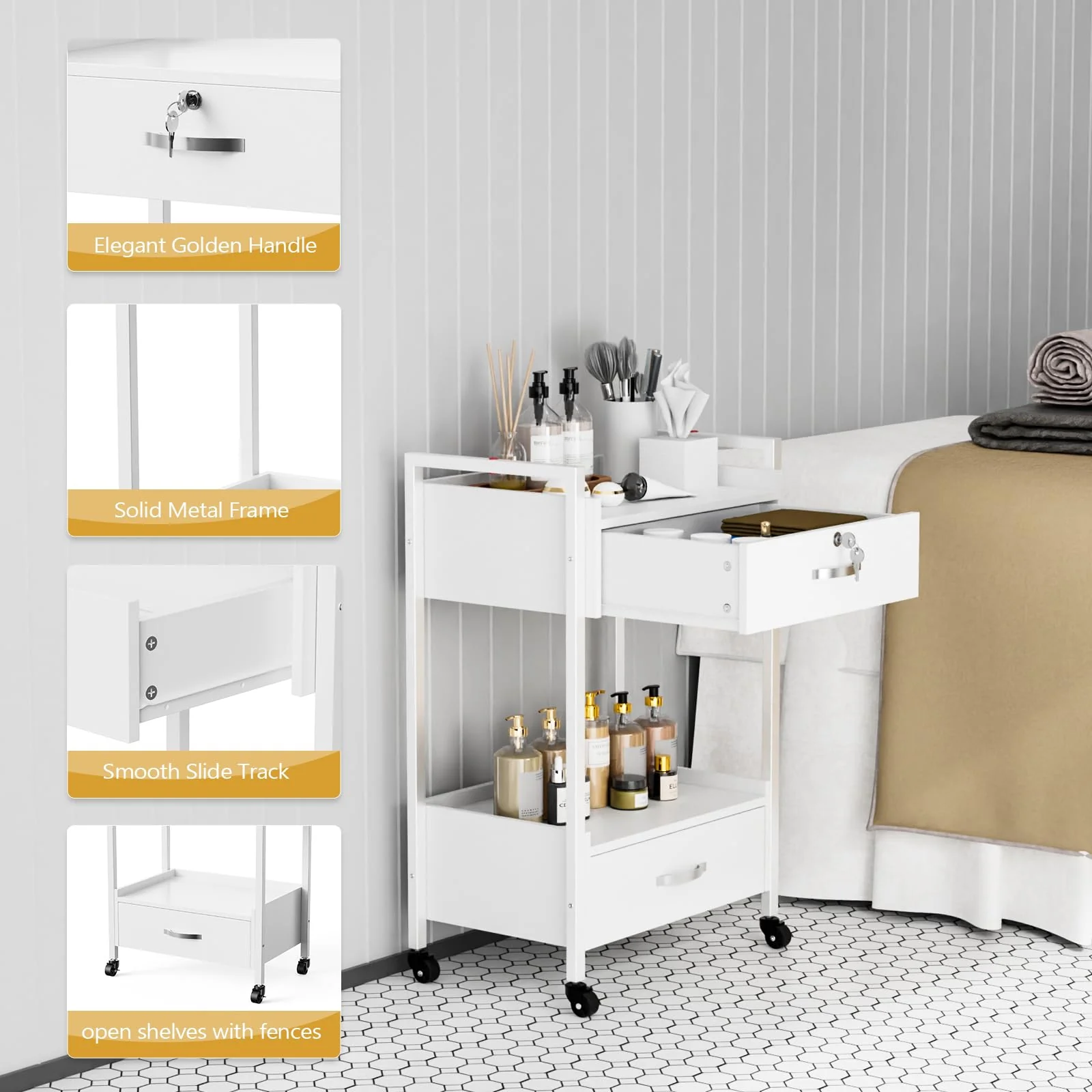 OmySalon Wooden Rolling Utility Esthetician Trolley Cart w/Wheels & Drawer - Image 43