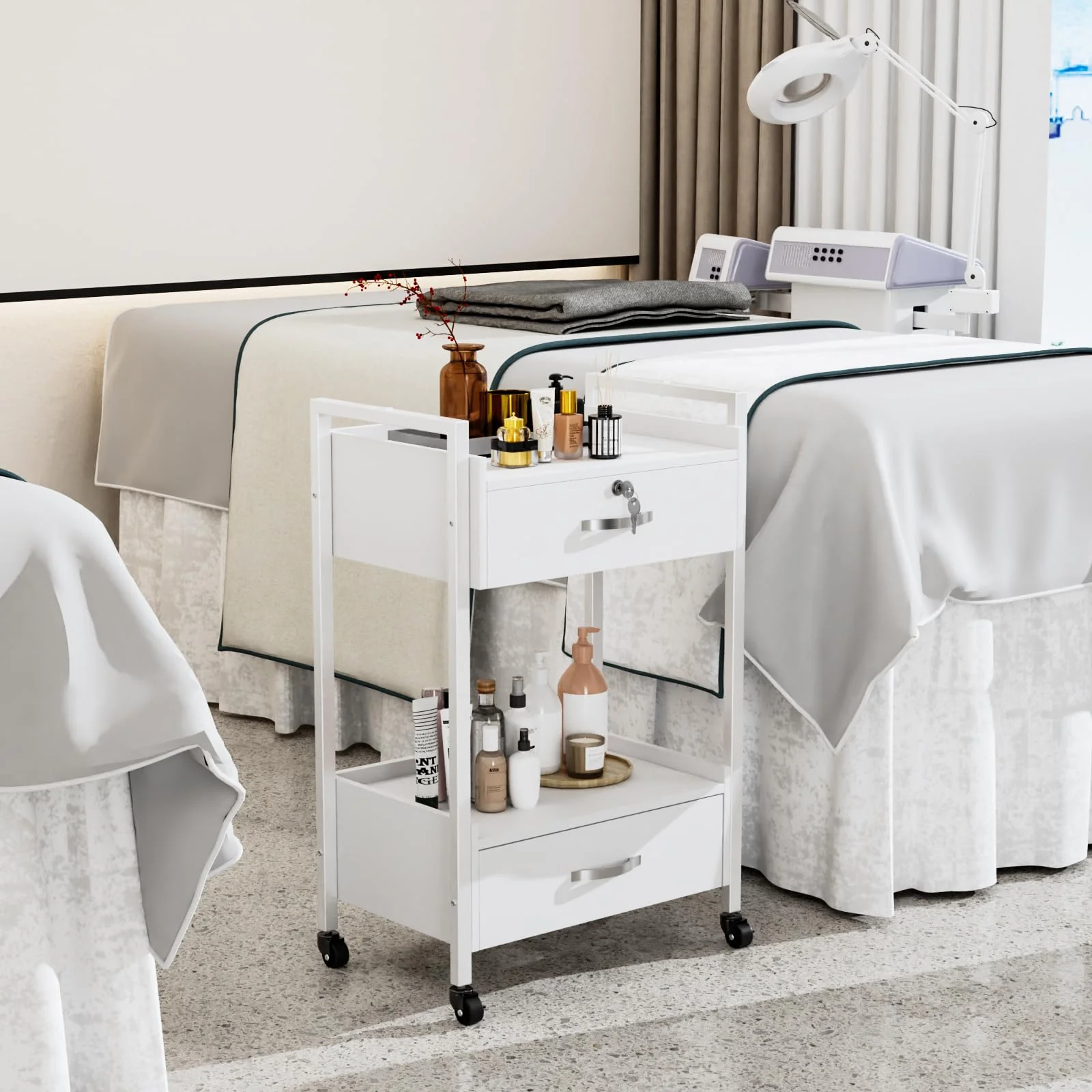 OmySalon Wooden Rolling Utility Esthetician Trolley Cart w/Wheels & Drawer - Image 46