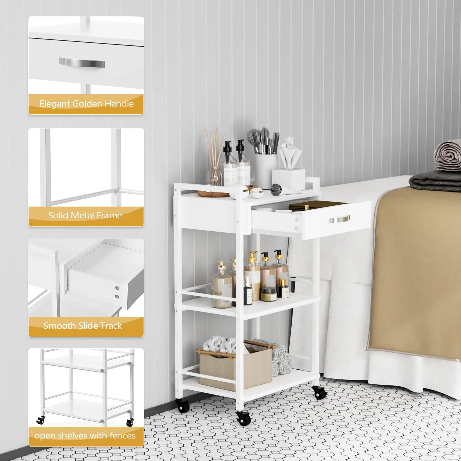 OmySalon Wooden Rolling Utility Esthetician Trolley Cart w/Wheels & Drawer - Image 7