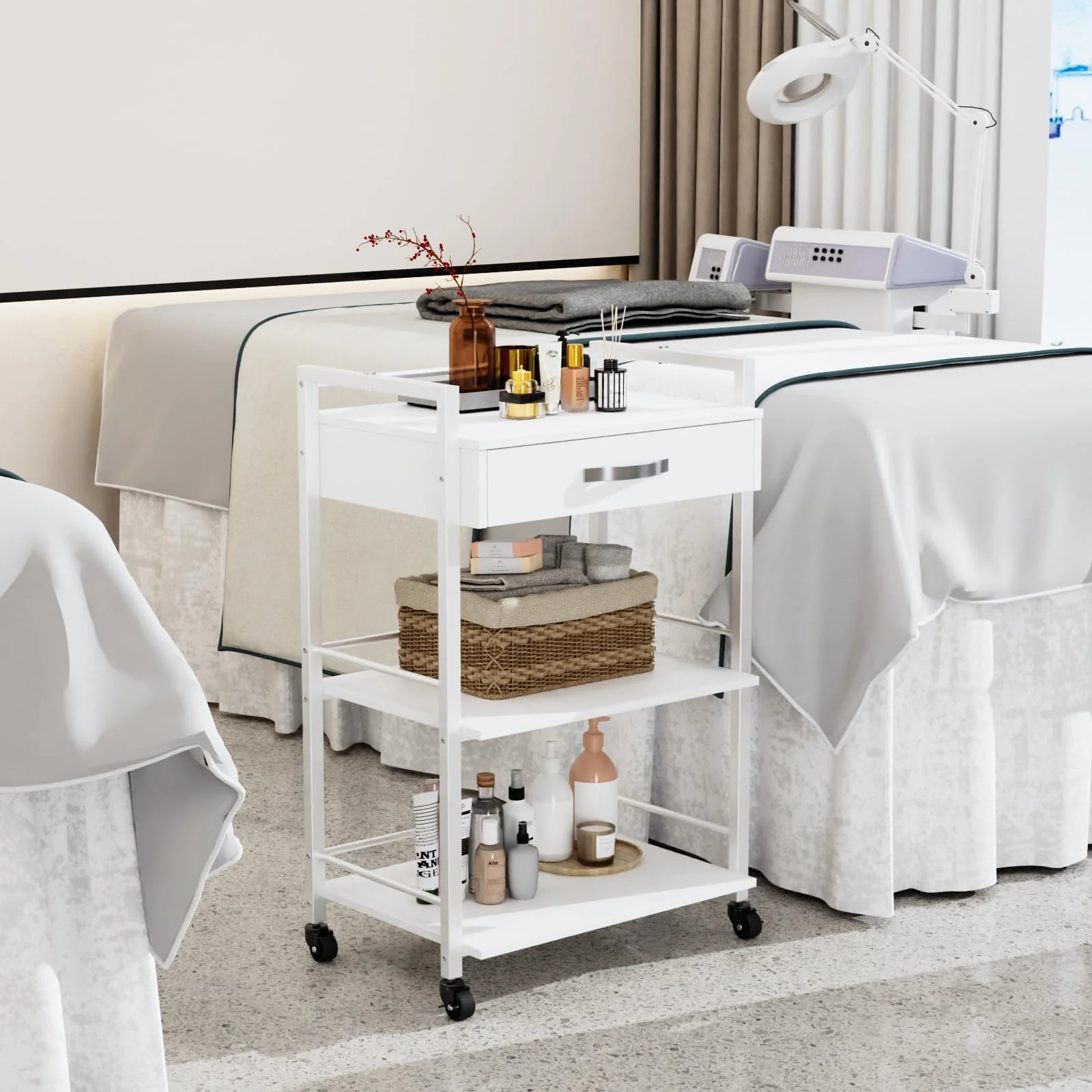 OmySalon Wooden Rolling Utility Esthetician Trolley Cart w/Wheels & Drawer - Image 9
