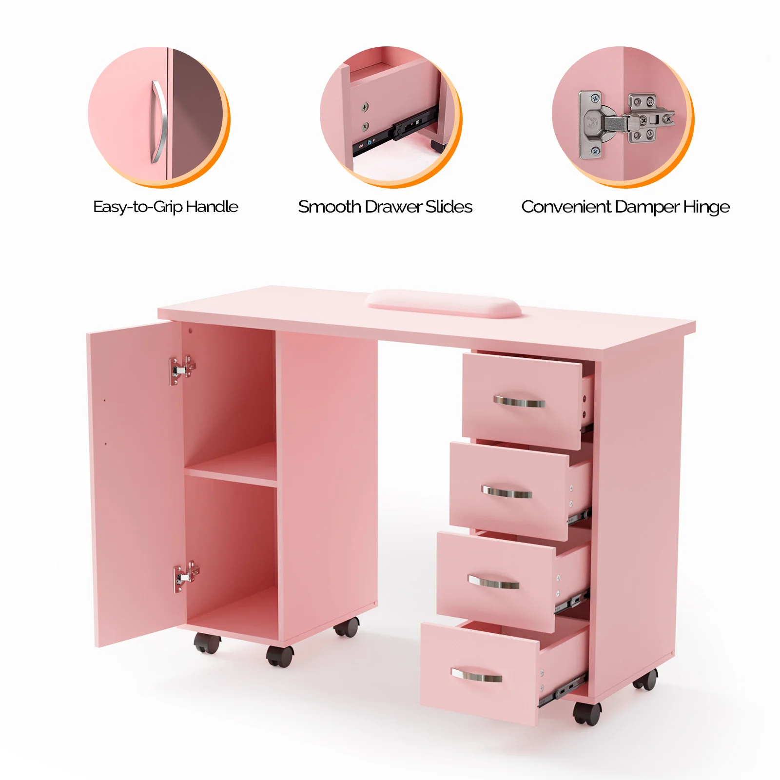 OmySalon WMT Nail Manicure Table w/Wrist Rest & 1 Side Cabinet 4 Drawers - Image 13