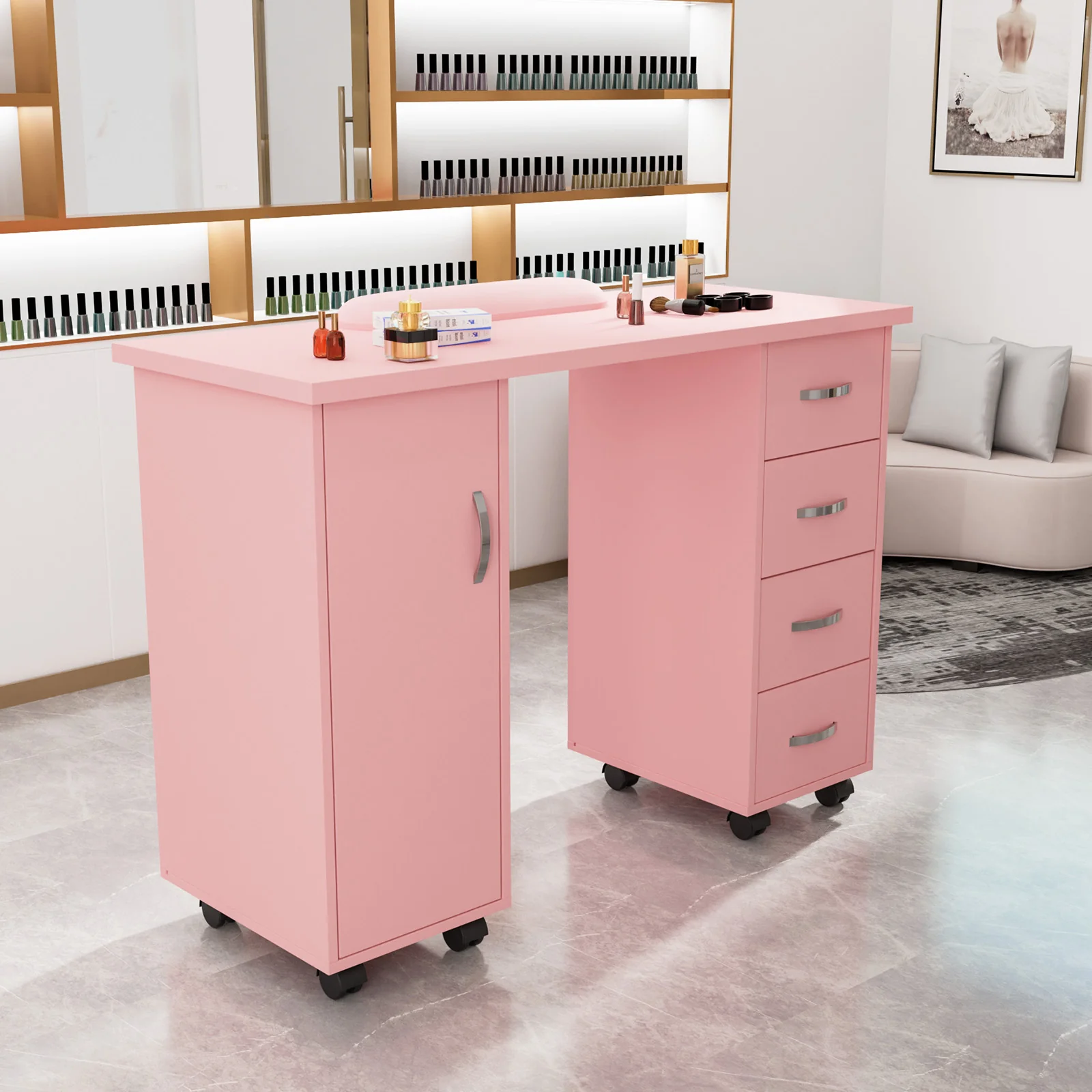 OmySalon WMT Nail Manicure Table w/Wrist Rest & 1 Side Cabinet 4 Drawers - Image 14