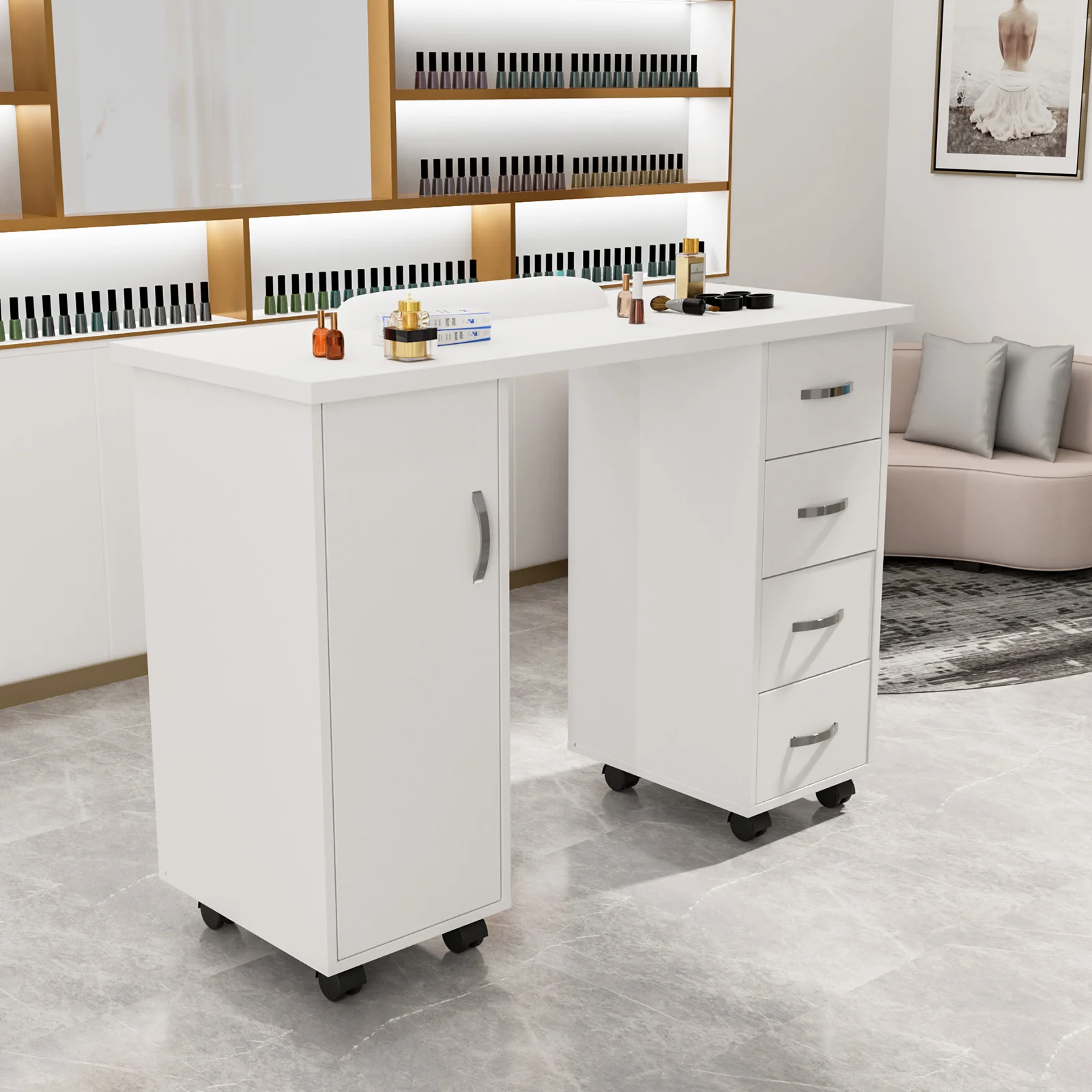 OmySalon WMT Nail Manicure Table w/Wrist Rest & 1 Side Cabinet 4 Drawers - Image 22