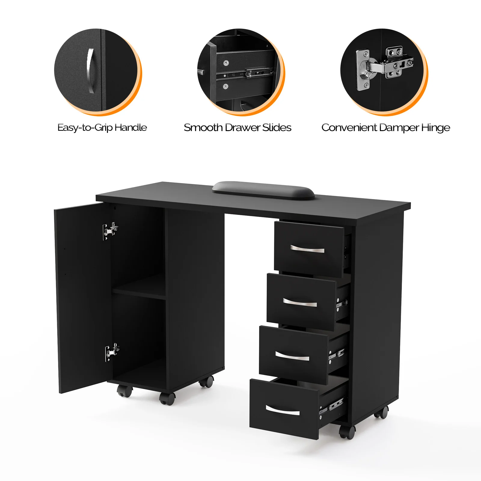 OmySalon WMT Nail Manicure Table w/Wrist Rest & 1 Side Cabinet 4 Drawers - Image 5