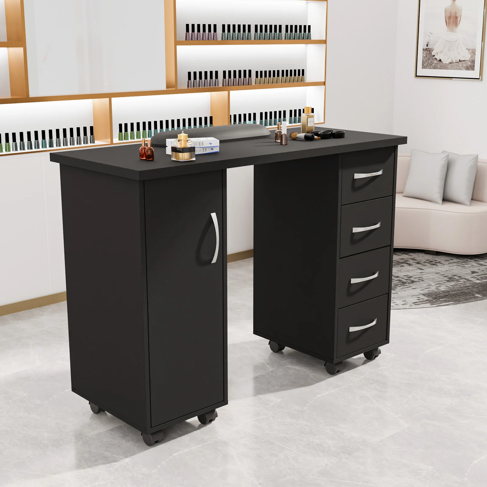 OmySalon WMT Nail Manicure Table w/Wrist Rest & 1 Side Cabinet 4 Drawers - Image 6