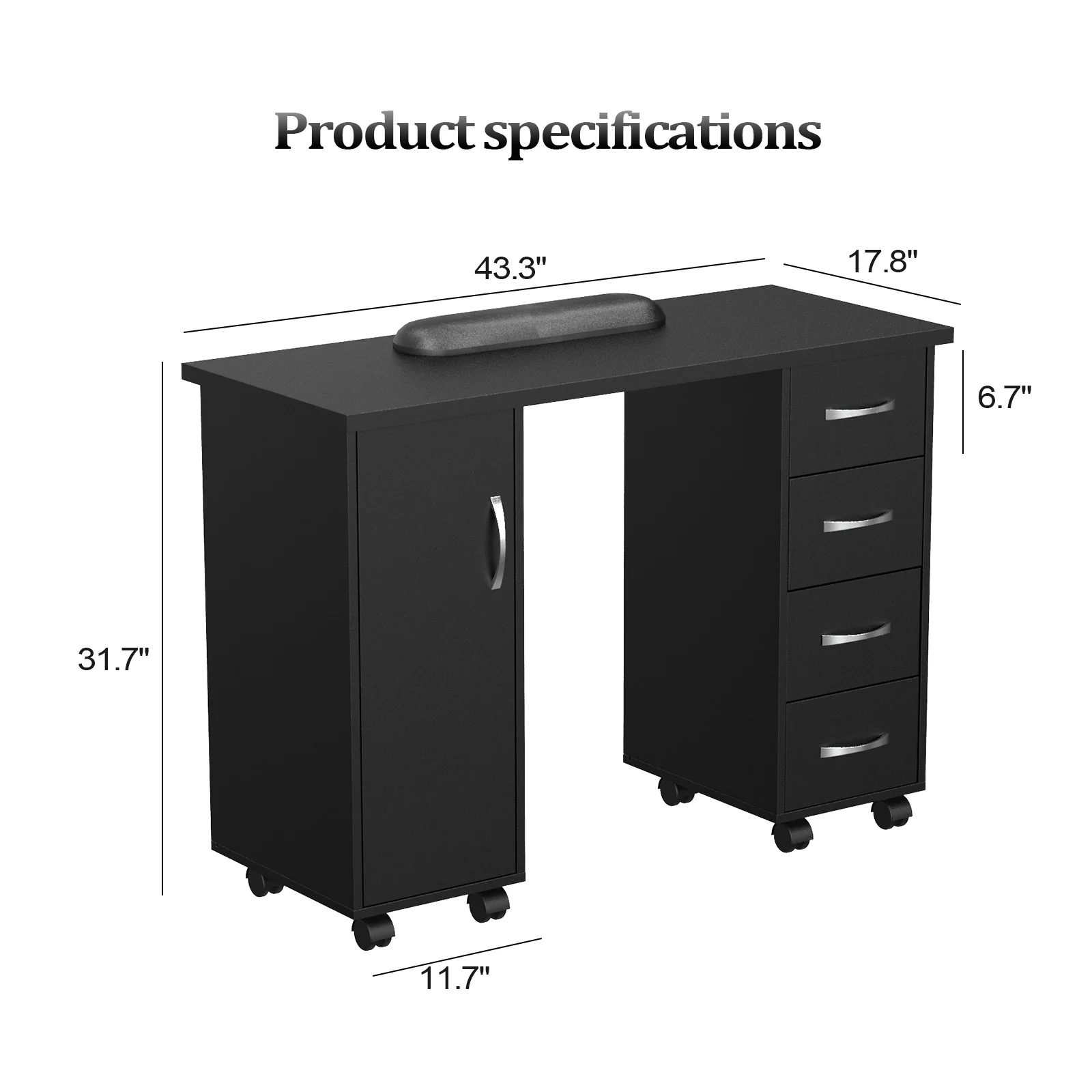 OmySalon WMT Nail Manicure Table w/Wrist Rest & 1 Side Cabinet 4 Drawers - Image 8