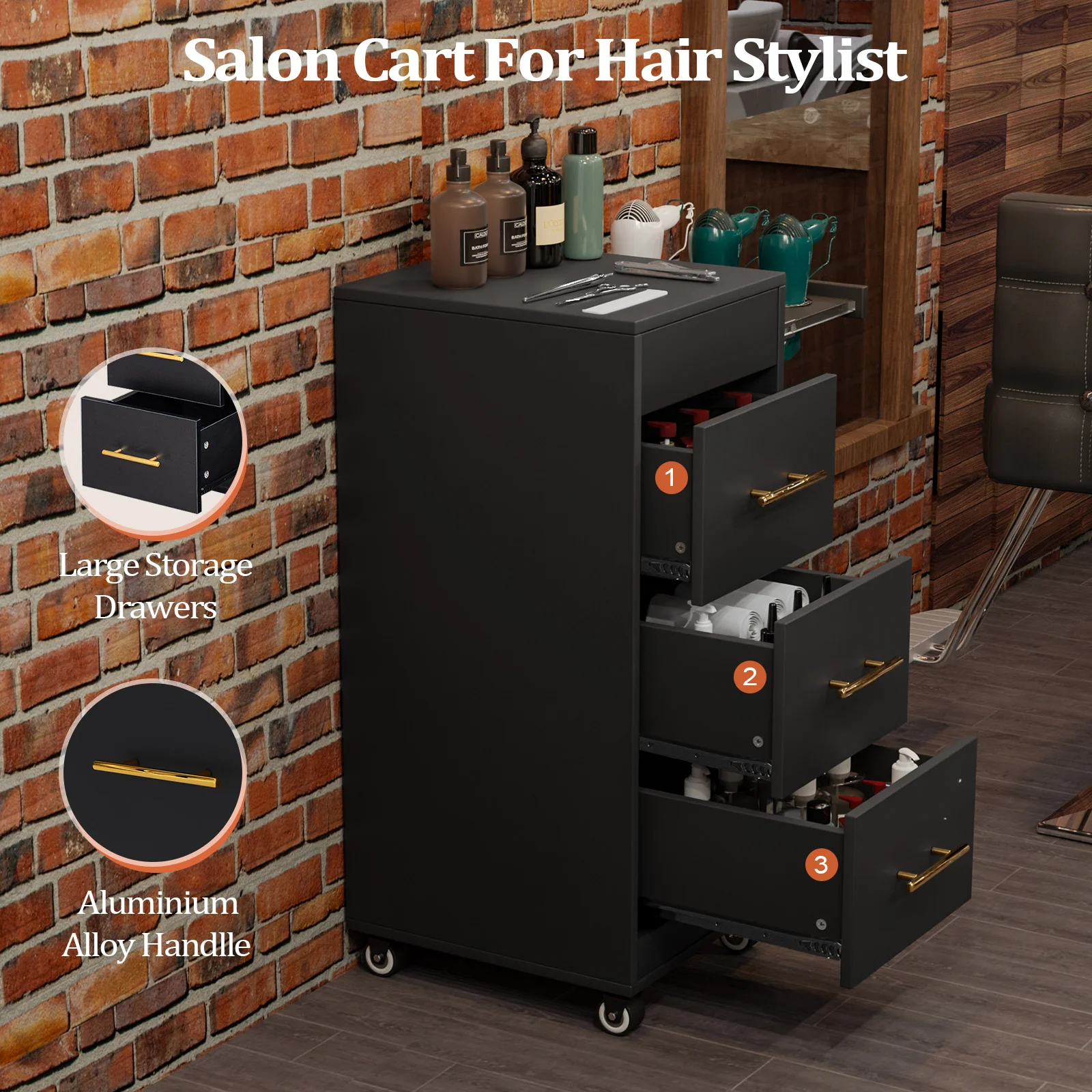 OmySalon ST1601 Wooden Mobile Salon Trolley Cart w/Wheels & 3 Drawers - Image 12