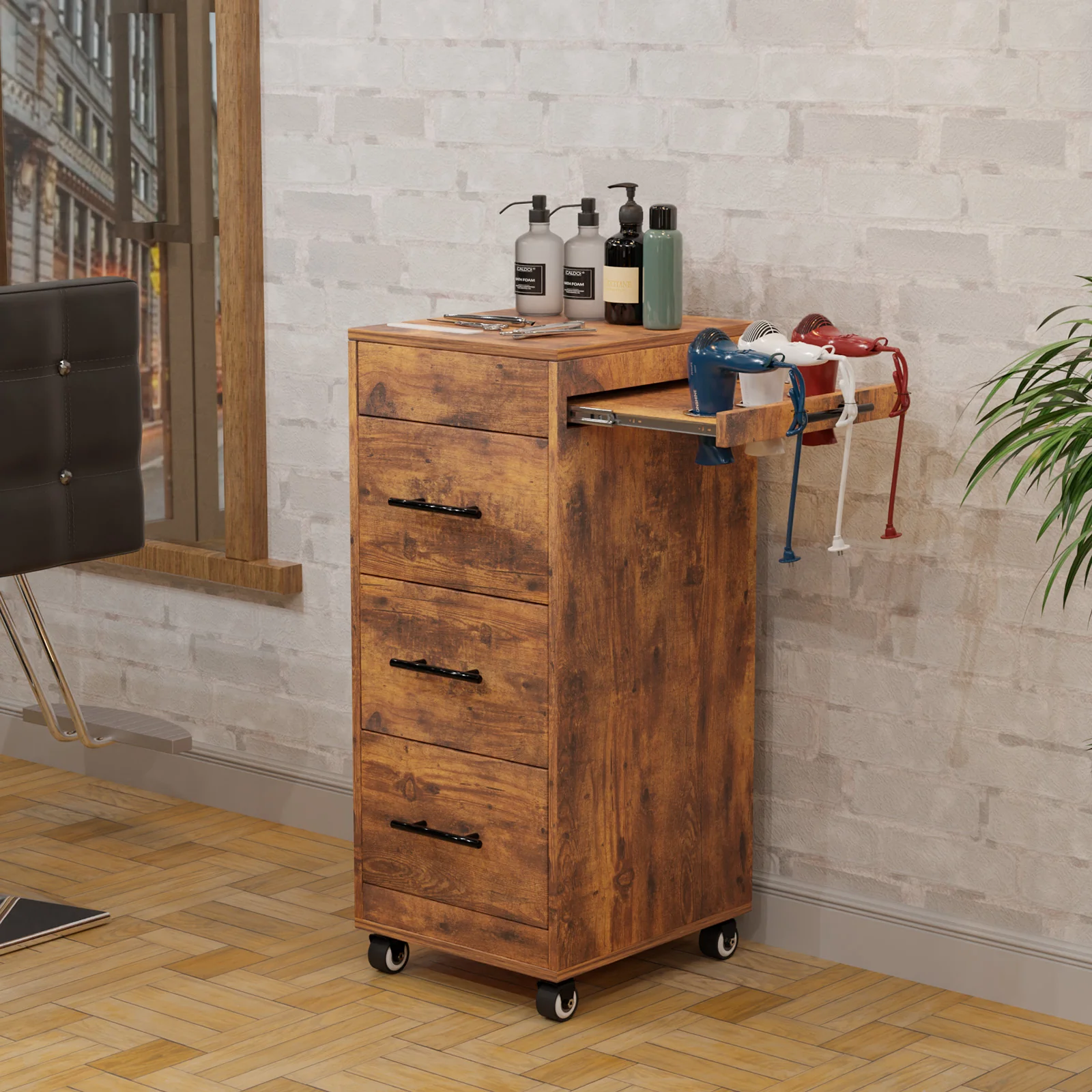 OmySalon ST1601 Wooden Mobile Salon Trolley Cart w/Wheels & 3 Drawers - Image 16
