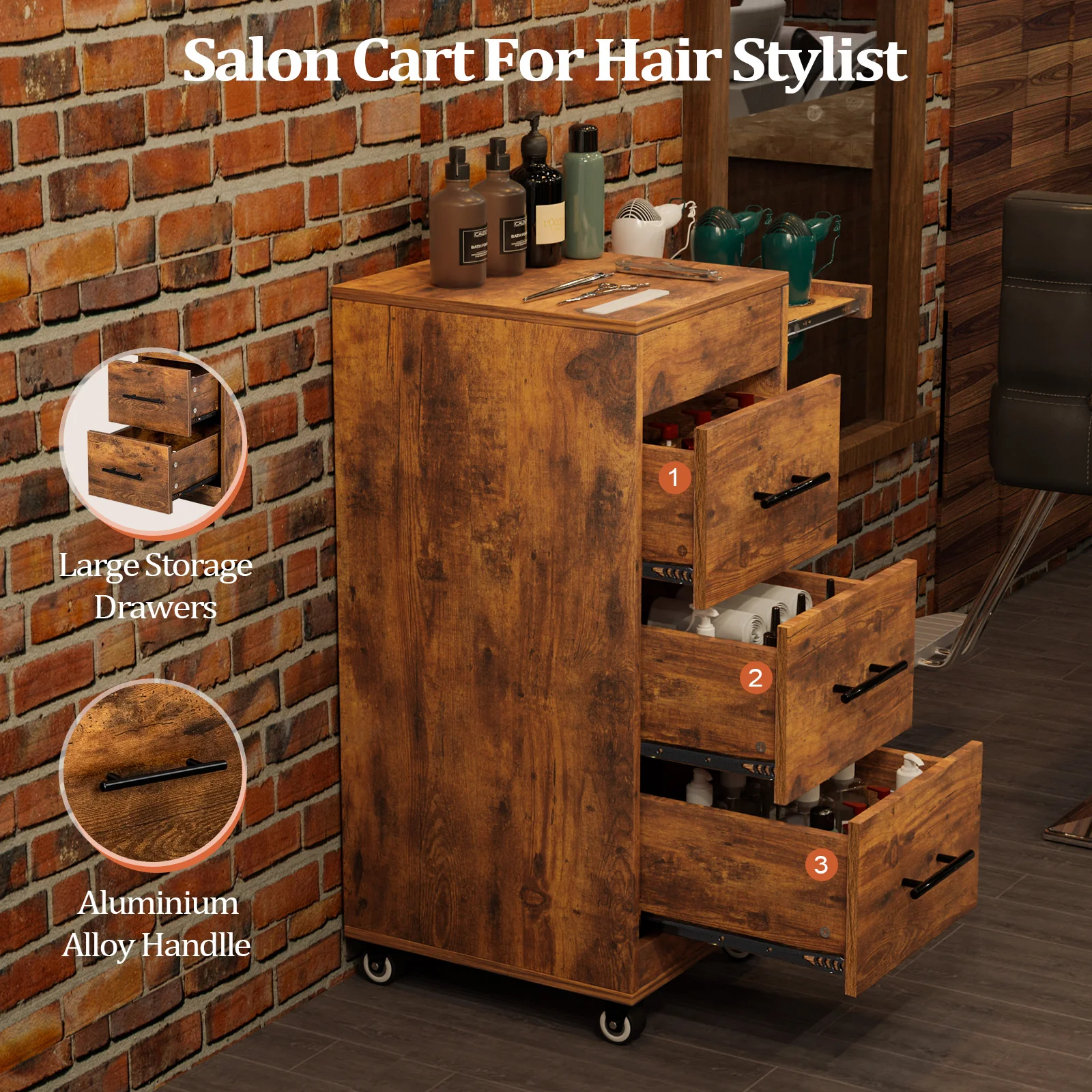 OmySalon ST1601 Wooden Mobile Salon Trolley Cart w/Wheels & 3 Drawers - Image 19