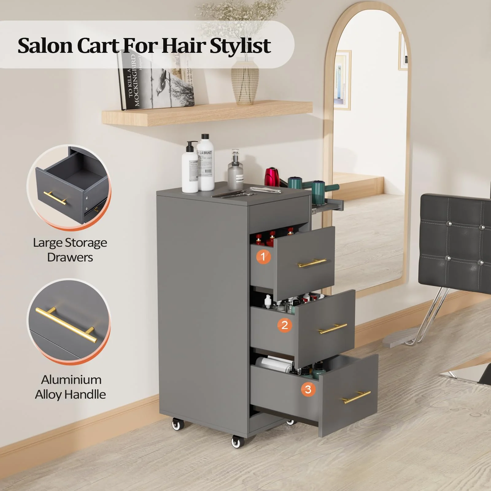 OmySalon ST1601 Wooden Mobile Salon Trolley Cart w/Wheels & 3 Drawers - Image 25