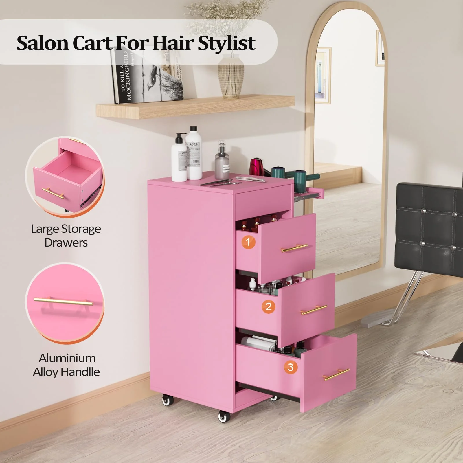 OmySalon ST1601 Wooden Mobile Salon Trolley Cart w/Wheels & 3 Drawers - Image 32
