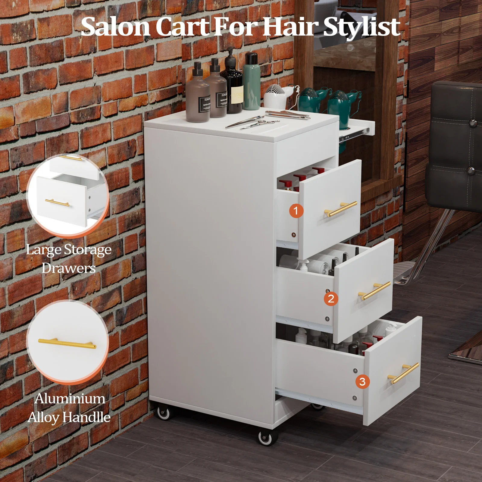 OmySalon ST1601 Wooden Mobile Salon Trolley Cart w/Wheels & 3 Drawers - Image 5